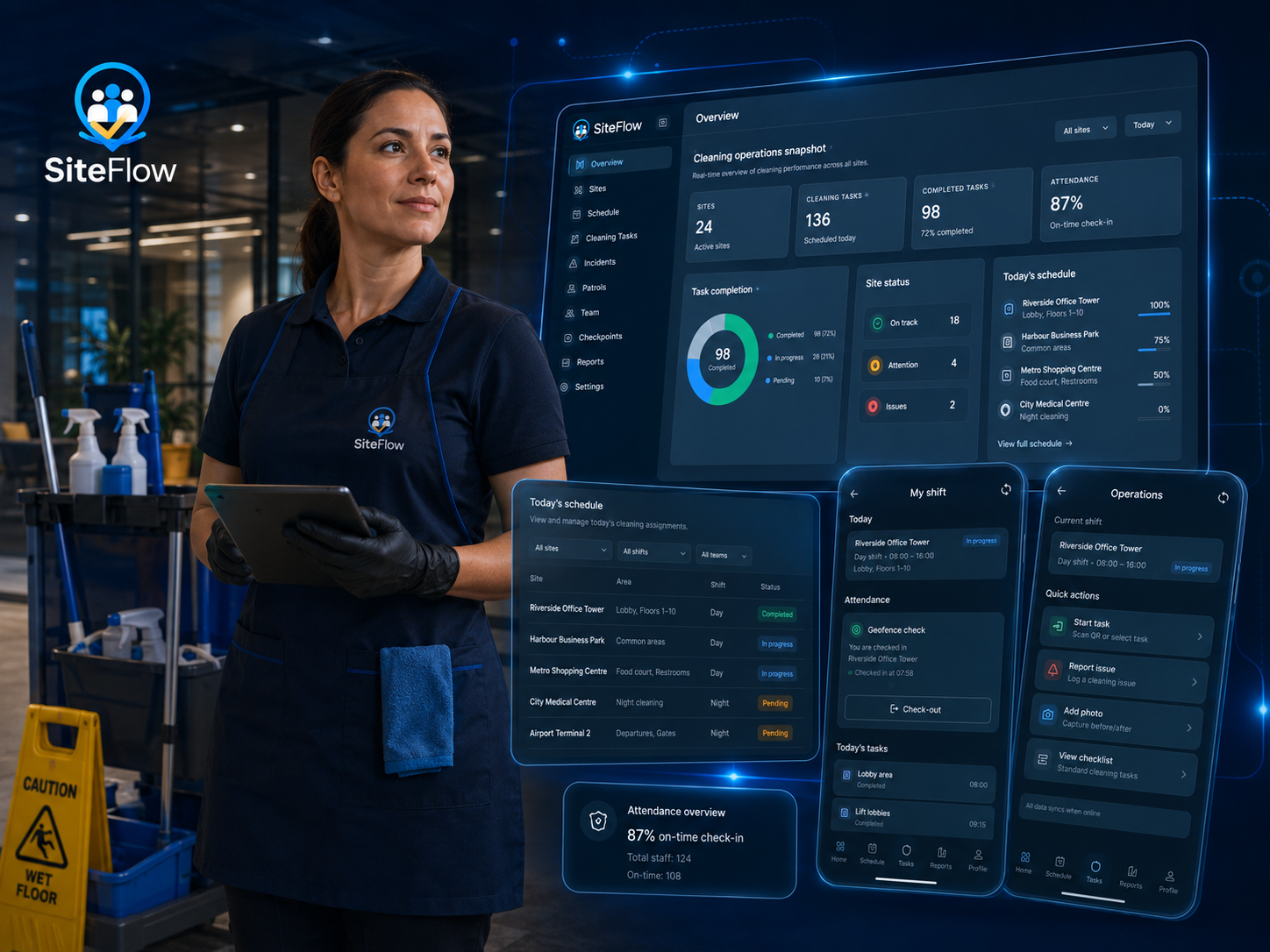 SiteFlow commercial cleaning workforce management dashboard with professional cleaner
